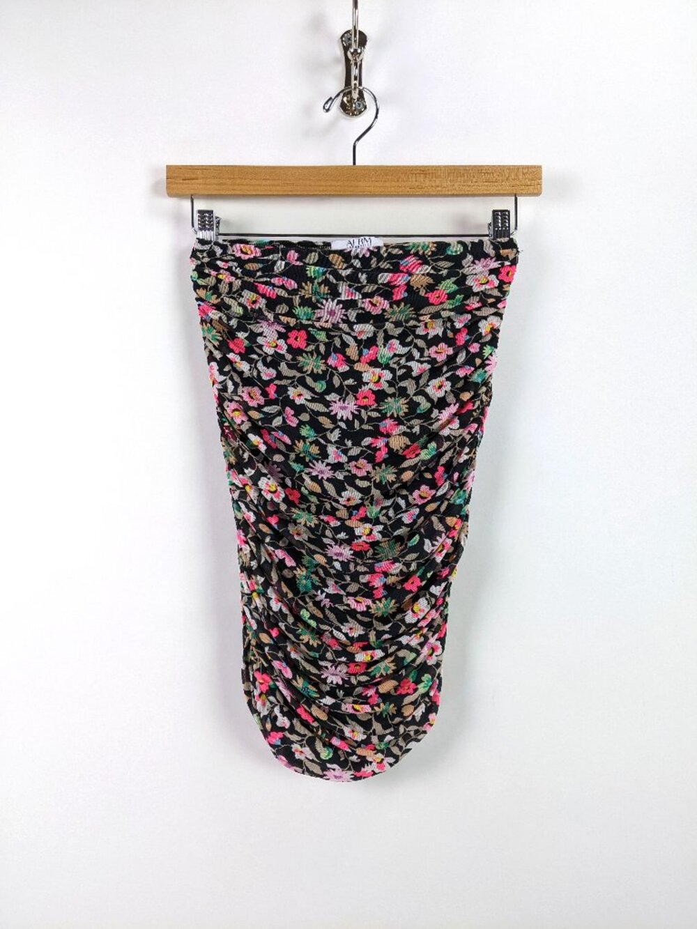 AFRM Womens Floral Print Ruched Mesh Bodycon Skirt in Black Pink Size XS
